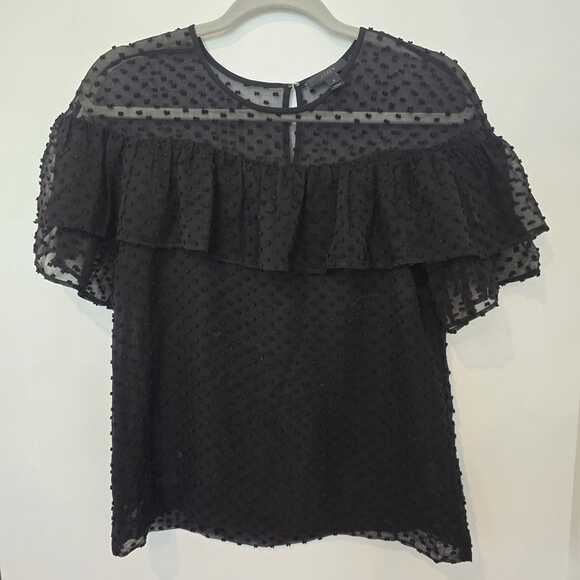 J.Crew Swiss Dot Silk-Blend Top Size 2 Ruffle Overlay Sheer Black Career Party - Picture 1 of 9